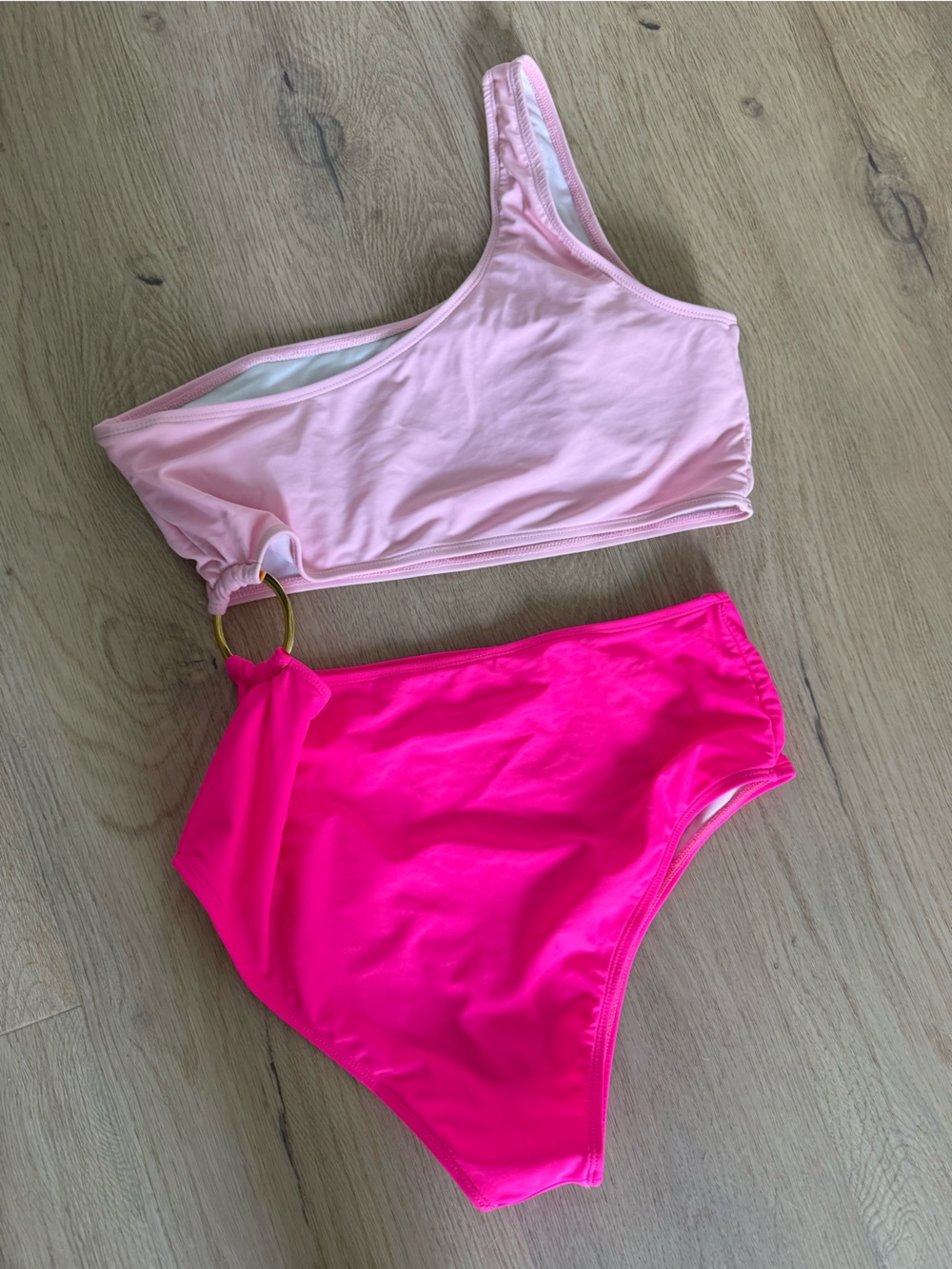 SHEIN Two-Tone Pink One-Shoulder One-Piece Swimsuit with Ring Detail